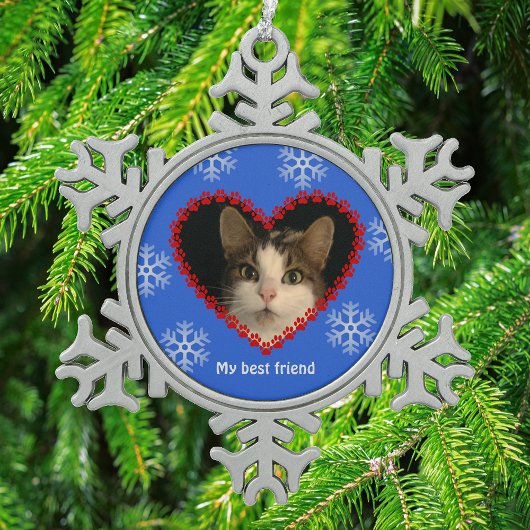 ペットの写真名pawprintsハート青 スノーフレークピューターオーナメント