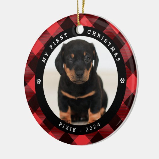 ペットの写真'私の初めてのクリスマス'プレイドクリスマス セラミックオーナメント (左)