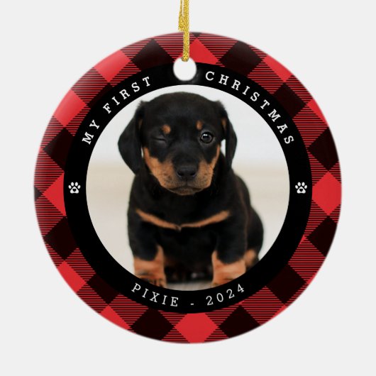 ペットの写真'私の初めてのクリスマス'プレイドクリスマス セラミックオーナメント (裏面)