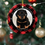 ペットの写真'私の初めてのクリスマス'プレイドクリスマス セラミックオーナメント<br><div class="desc">ペット祝の第1回のクリスマスと可愛い犬と猫の写真オーナメント。デザインは赤伝統的いバファロの格子柄、あなたのペットと文字の写真「私の初めてのクリスマス」、彼らの名前と年を特徴とする。</div>