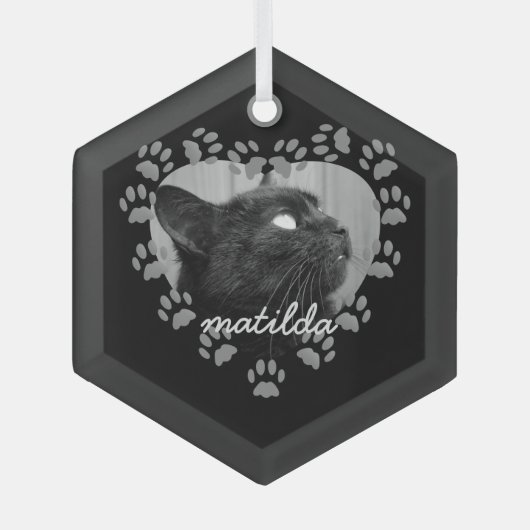ペットの写真 ハート型の肉球 猫のクリスマスオーナメント ガラスオーナメント (正面)