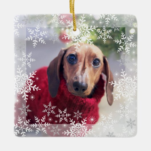 ペットの初めてのクリスマスグリッター雪片の写真 セラミックオーナメント (正面)