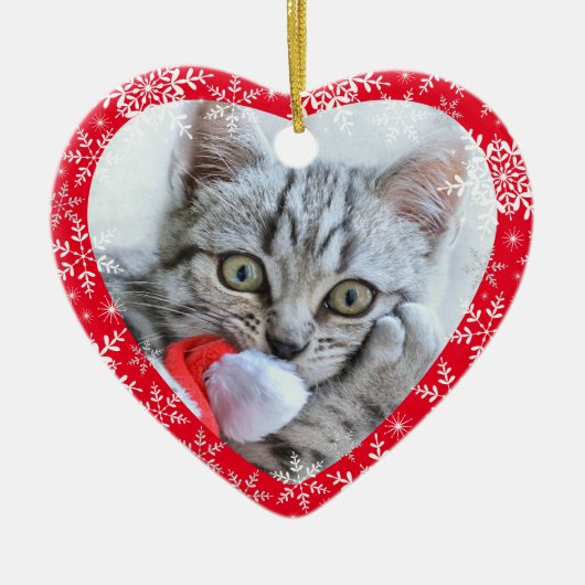 ペットの初めてのクリスマスグリッター雪片ハート セラミックオーナメント (正面)