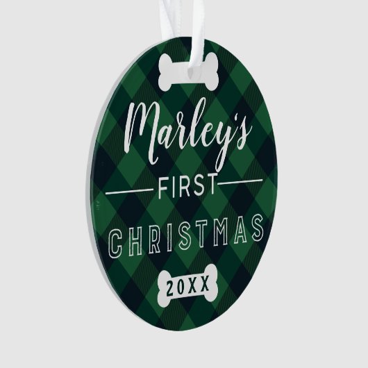 ペットの初めてのクリスマス|の緑のバッファローの格子縞の写真 オーナメント (正面)