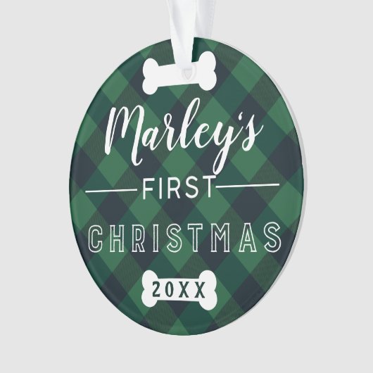 ペットの初めてのクリスマス|の緑のバッファローの格子縞の写真 オーナメント (正面)