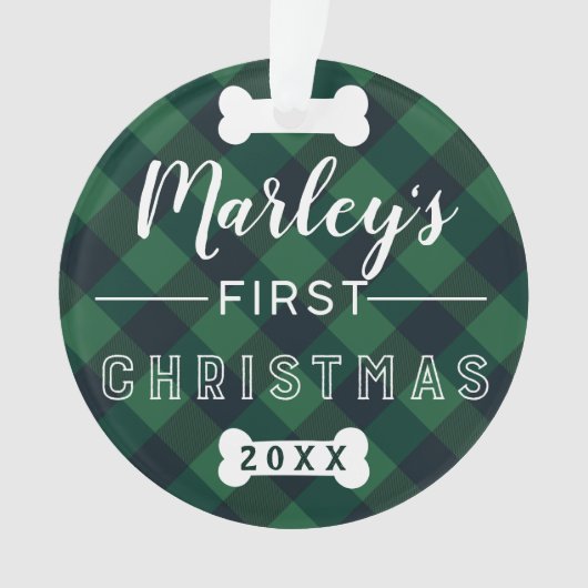 ペットの初めてのクリスマス|の緑のバッファローの格子縞の写真 オーナメント (正面)