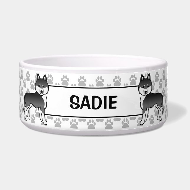 ペットの名前を持つ白黒シベリアのハスキー ボウル (正面)