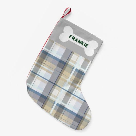 ペットの名前を追加するフェスティバルプレイドカスタム犬 スモールクリスマスストッキング (正面 (吊り時))