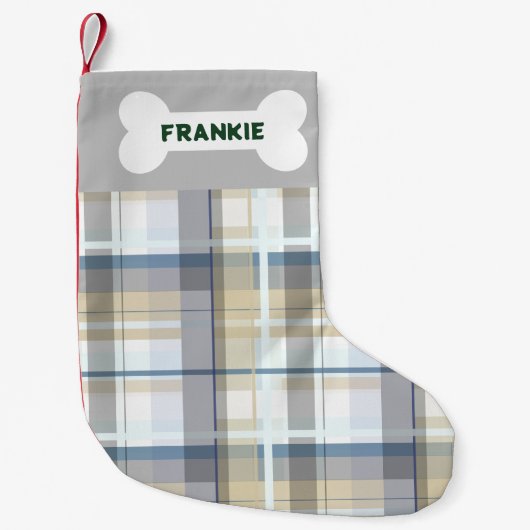 ペットの名前を追加するフェスティバルプレイドカスタム犬 スモールクリスマスストッキング (正面)