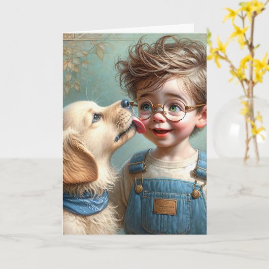 ペットの子犬を持つ誕生日少年 カード (黄色い花)