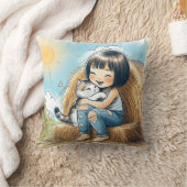 ペットの子猫と小さな女の子 クッション (ブランケット)