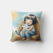 ペットの子猫と小さな女の子 クッション (正面)
