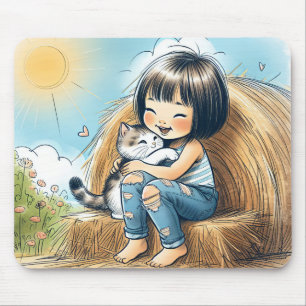 ペットの子猫と小さな女の子 マウスパッド
