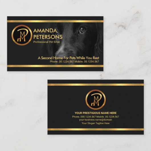 . .ペットの座る美しい犬を打つストライプ金ゴールド 名刺 (正面/裏面)