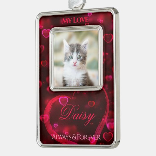 ペットの愛の追悼または記念、赤い輝くハート - シルバープレートフレームオーナメント (左)