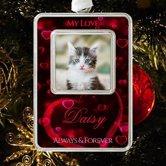 ペットの愛の追悼または記念、赤い輝くハート - シルバープレートフレームオーナメント