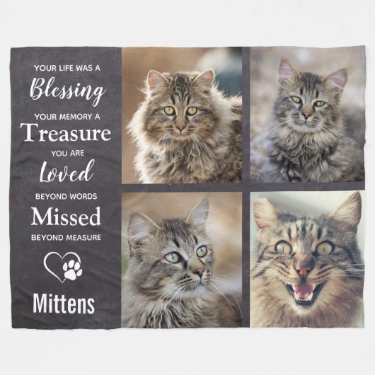 ペットの死を記念した猫のお形見の写真コラージュ フリースブランケット (正面(横))