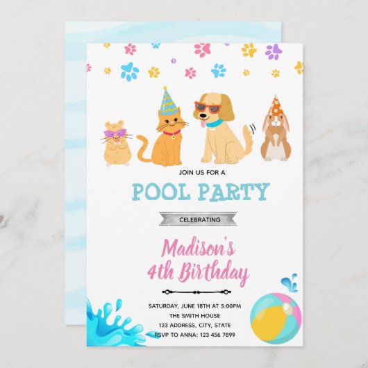 ペットの海プールパーティーご招待 招待状 (正面/裏面)