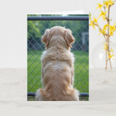 ペットの犬がフェンス越しに覗く カード (黄色い花)