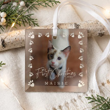 ペットの猫の写真と肉球のハート型フレームのクリスマス オーナメント マイ ファースト クリスマス