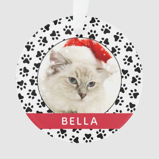 ペットの足が赤い猫パーソナライズされたの名前を写真にプリント オーナメント (正面)