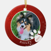 ペットの足跡クリスマス　赤い雪の結晶と星の写真 セラミックオーナメント (正面)