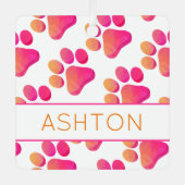 ペットの足跡 ピンク オレンジ PET 名前 犬 猫 楽しい メタルオーナメント (正面)