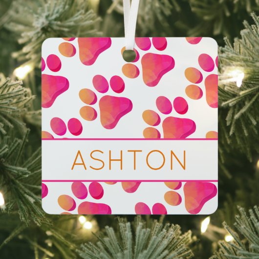 ペットの足跡 ピンク オレンジ PET 名前 犬 猫 楽しい メタルオーナメント (インサイチュ)