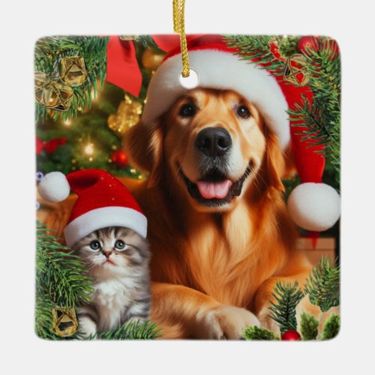 ペットや家族の写真を追加 / クリスマスリース セラミックオーナメント (正面)