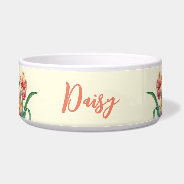 ペットウォーターの色の黄色のオウムのチューリップ絵画の ボウル (正面)