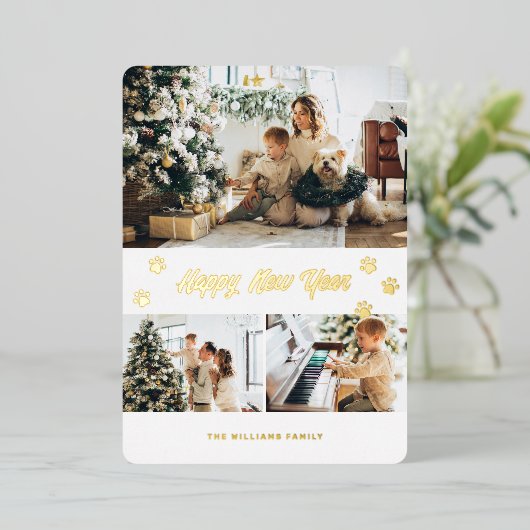 ペットエレガントオーナーポーフォトハッピー新年金ゴールド 箔シーズンカード (立ち正面)