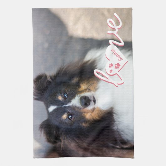 ペットカスタムの写真と愛の文字と手と名前 キッチンタオル (縦)