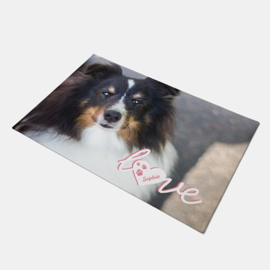 ペットカスタムの写真と愛の文字と手と名前 ドアマット (アングル)