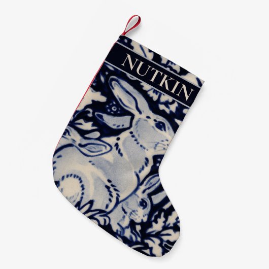 ペットカスタムや子供用の青と白のバニーウサギ スモールクリスマスストッキング (正面 (吊り時))