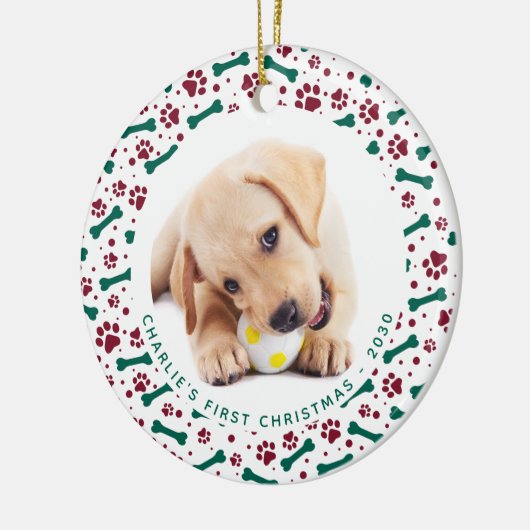 ペットカスタムペット2犬の写真の手が骨のクリスマスをプリント セラミックオーナメント (左)