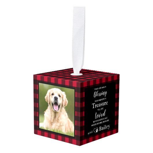 ペットカスタムメモリアル3写真赤バッファロープレイド キューブオーナメント (正面アングル)