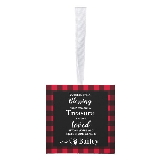 ペットカスタムメモリアル3写真赤バッファロープレイド キューブオーナメント (右)