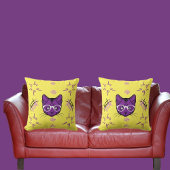 ペットキャットパープルホワイトon黒モダン可愛いイエロー クッション