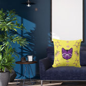 ペットキャットパープルホワイトon黒モダン可愛いイエロー クッション