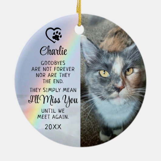 ペットキャットメモリアルさよなら引用文フォトレインボー セラミックオーナメント (裏面)