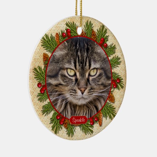 ペットキャットメモリアルパイン大枝ホリー写真クリスマス セラミックオーナメント (右)