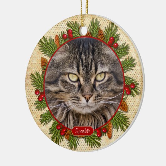 ペットキャットメモリアルパイン大枝ホリー写真クリスマス セラミックオーナメント (左)