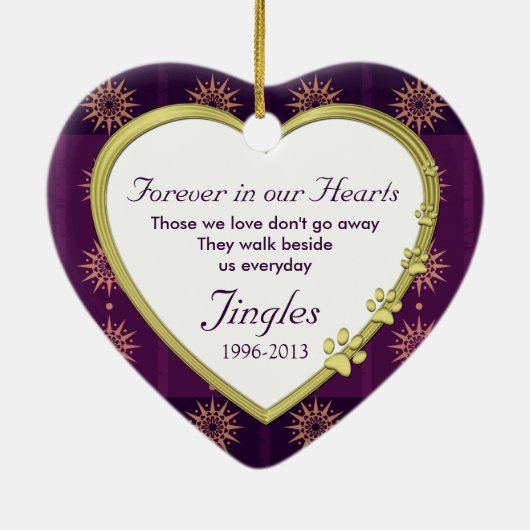 ペットキャットメモリアルパープル金ゴールドハート写真クリスマス セラミックオーナメント (裏面)