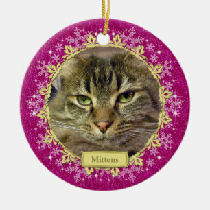 ペットキャットメモリアルピンクのスノーフレーク写真クリスマス セラミックオーナメント