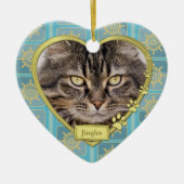 ペットキャットメモリアルブルー金ゴールドハート写真クリスマス セラミックオーナメント (正面)