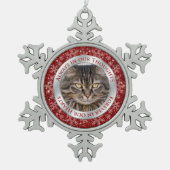 ペットキャットメモリアル写真クリスマスレッドシルバー スノーフレークピューターオーナメント (正面)