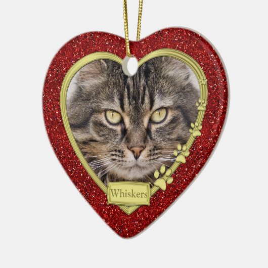 ペットキャットメモリアル赤金ゴールドハート写真クリスマス セラミックオーナメント (左)