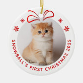 ペットキャット子猫パーソナライズされたクリスマスフォトホリデー セラミックオーナメント (正面)