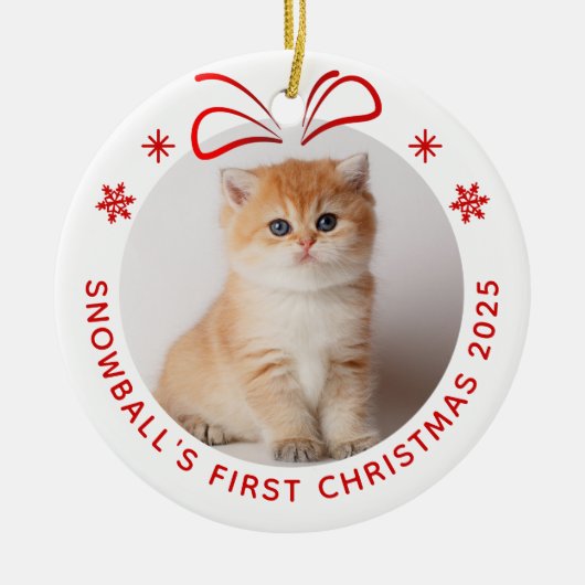 ペットキャット子猫パーソナライズされたクリスマスフォトホリデー セラミックオーナメント (正面)