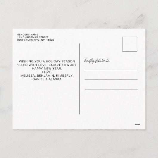 ペットクリスマスハッピーハウリデイズモダンドッグ写真 シーズンポストカード (裏面)